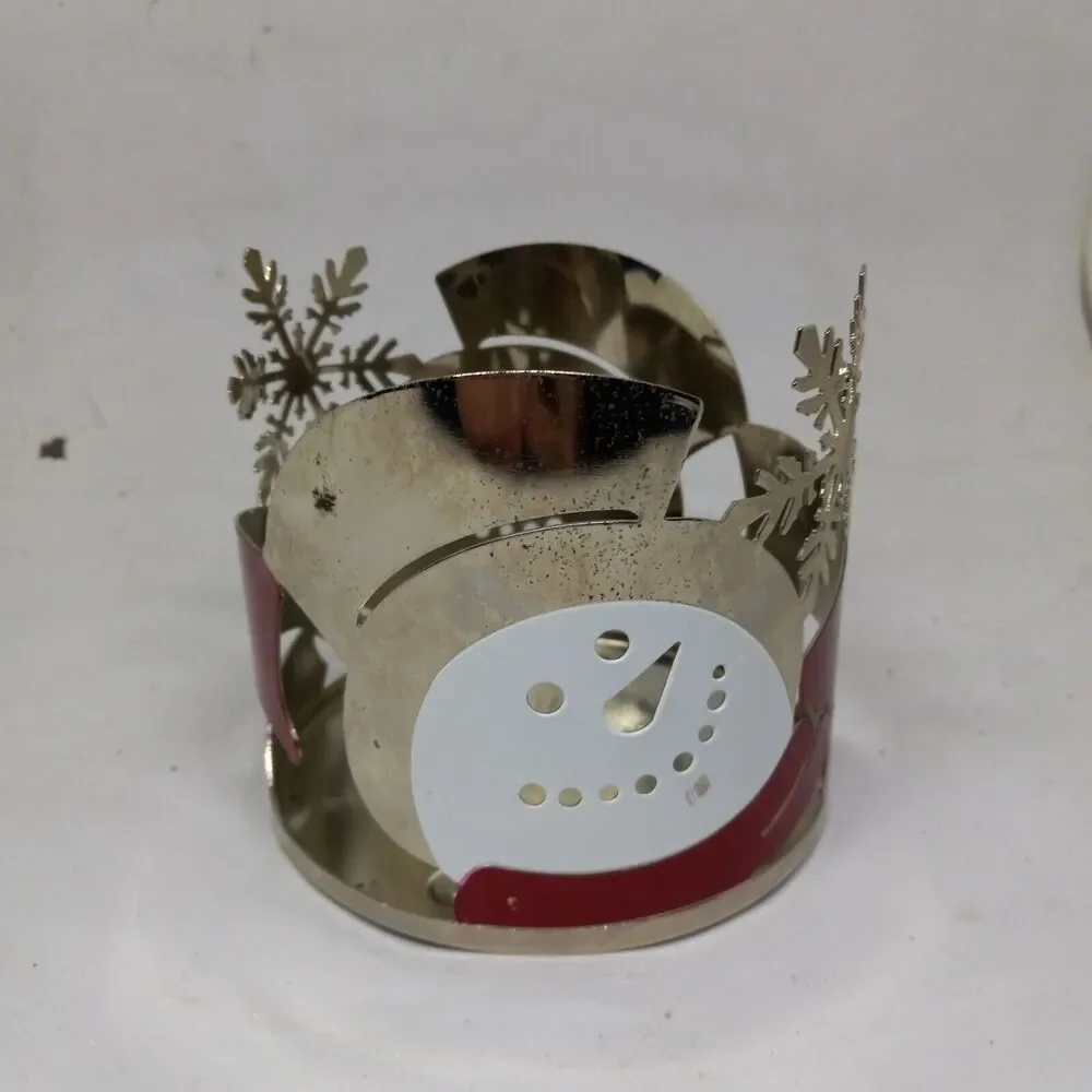 Bath & Body Works Snowman Snowflake 3 Wick Metal Candle Holder-Red-White-Silver